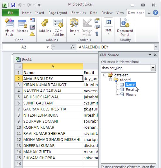 data set map in excel sheet